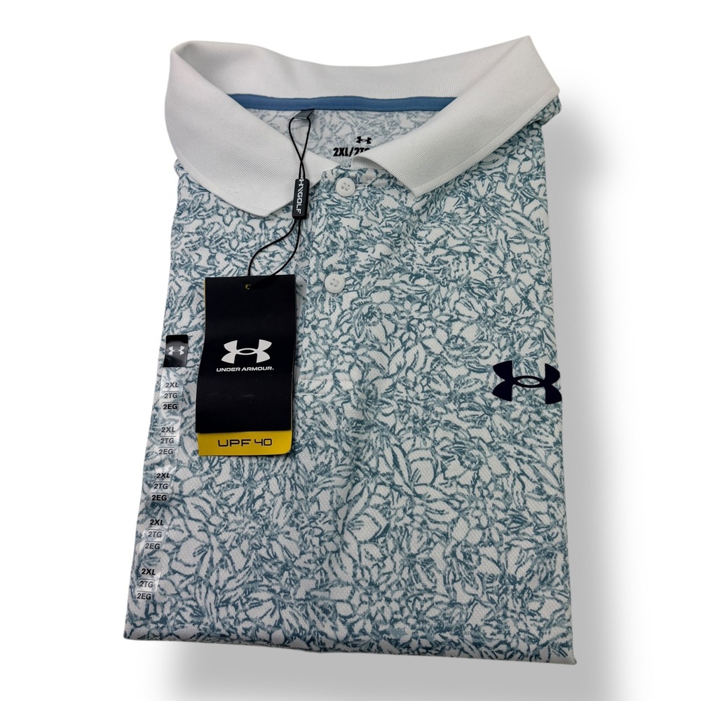 Under Armour Match Play Printed Polo Shirt Men 2XL White Blue Floral 1377377 NWT